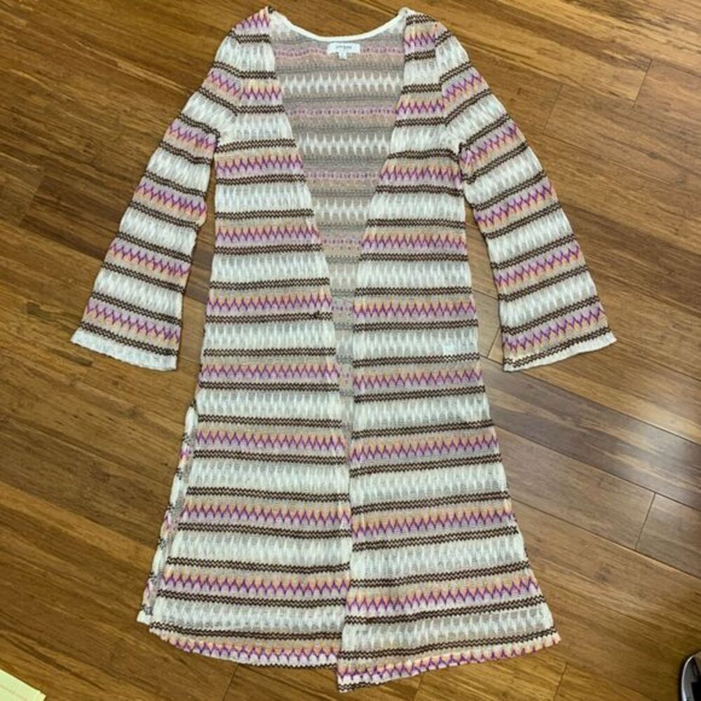 Umgee Cardigan Womens Small White Pink‎ Boho Crochet Knit Long Duster Chevron
